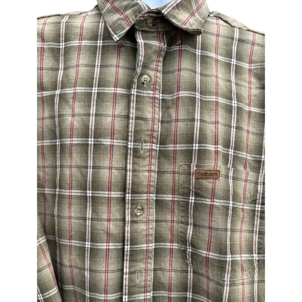 Carhartt Men's Plaid Shirt Sz XL Long Sleeve Button Up Tan Work Dress Casual - Picture 2 of 4
